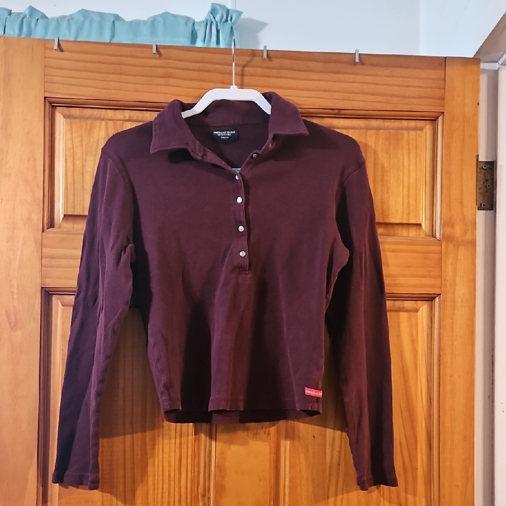 American Eagle Burgundy Long Sleeve Polo Top